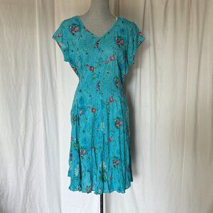 Vtg 80s Bila Cyan Blue Dress Gauzy Floral Blue Midi Tiered Boho Surf L